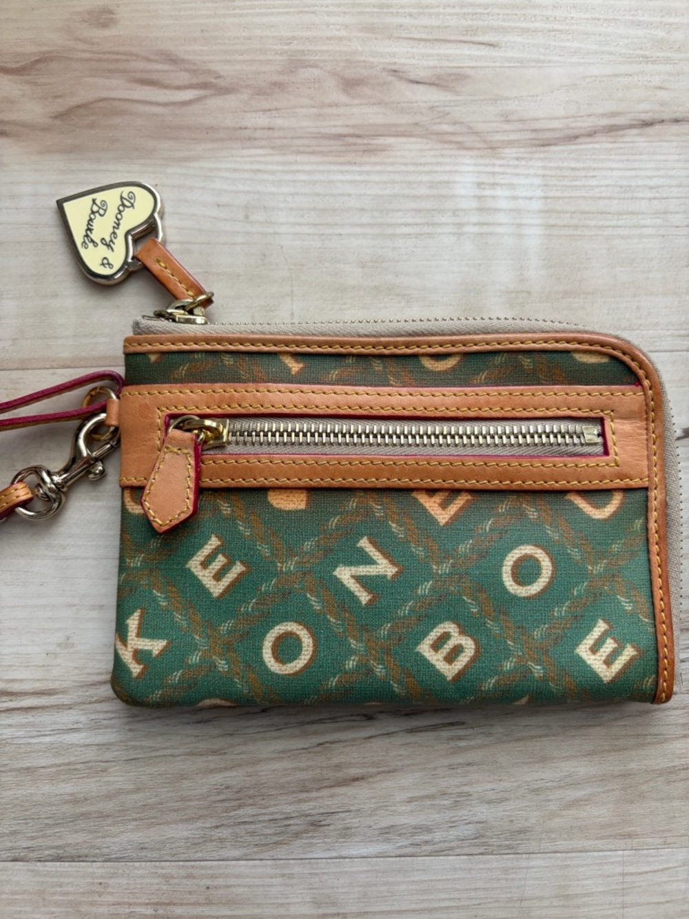 Dooney & Bourke Green and Tan Logo Zip Wristlet with Heart Charm